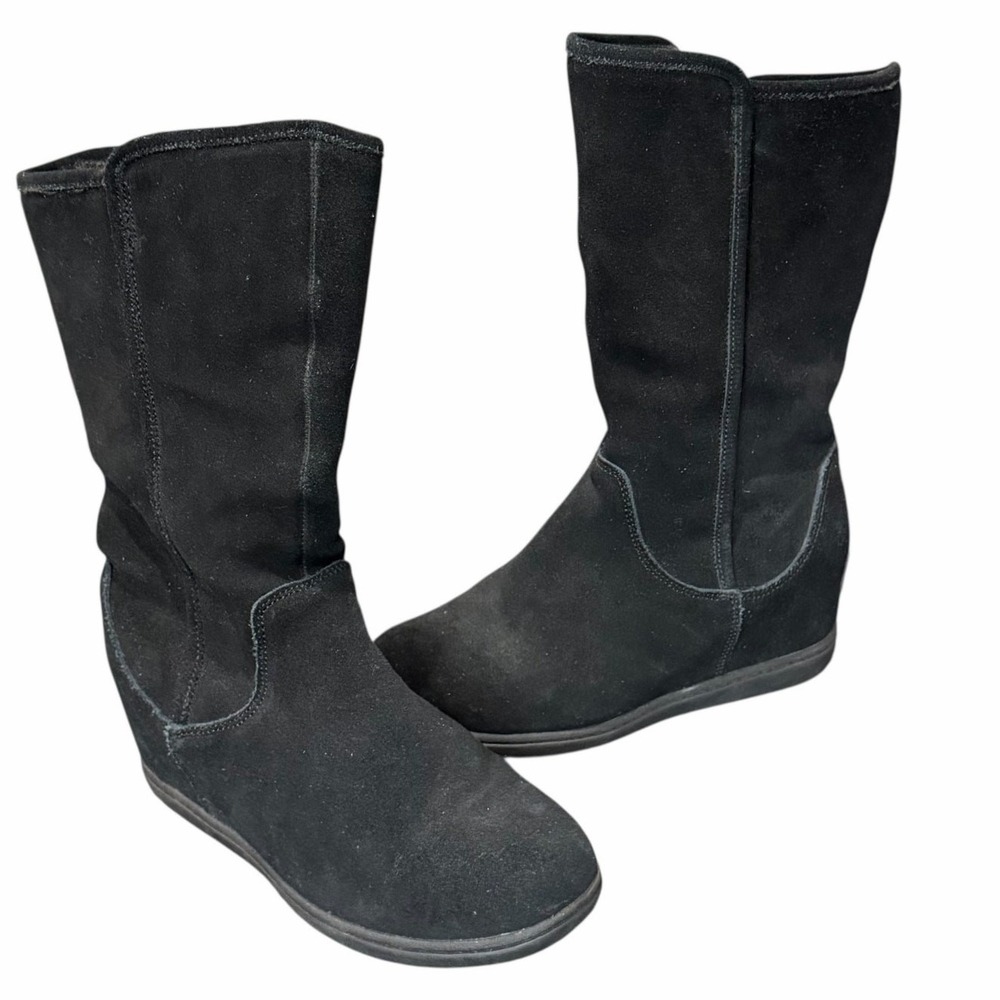 Skechers Plus 3 Pulley Winter Boots Womens 8 Black Suede Hidden Wedge Cozy Fall